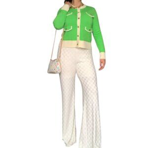 Set - Old Money Inspired  – Green Cardigan & Cream Checkered Knit Pants